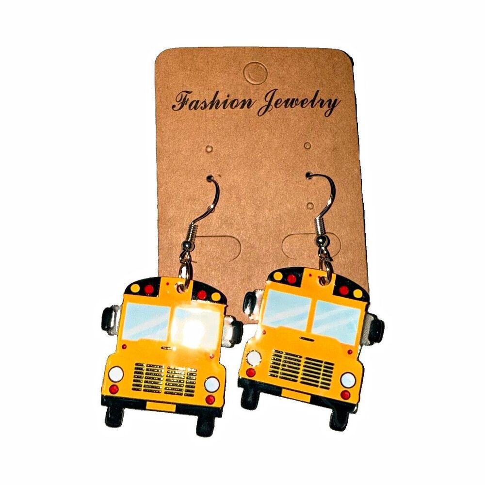 Yellow School Bus Dangle/Drop Hook Earrings, Vehicles & Transportation Theme